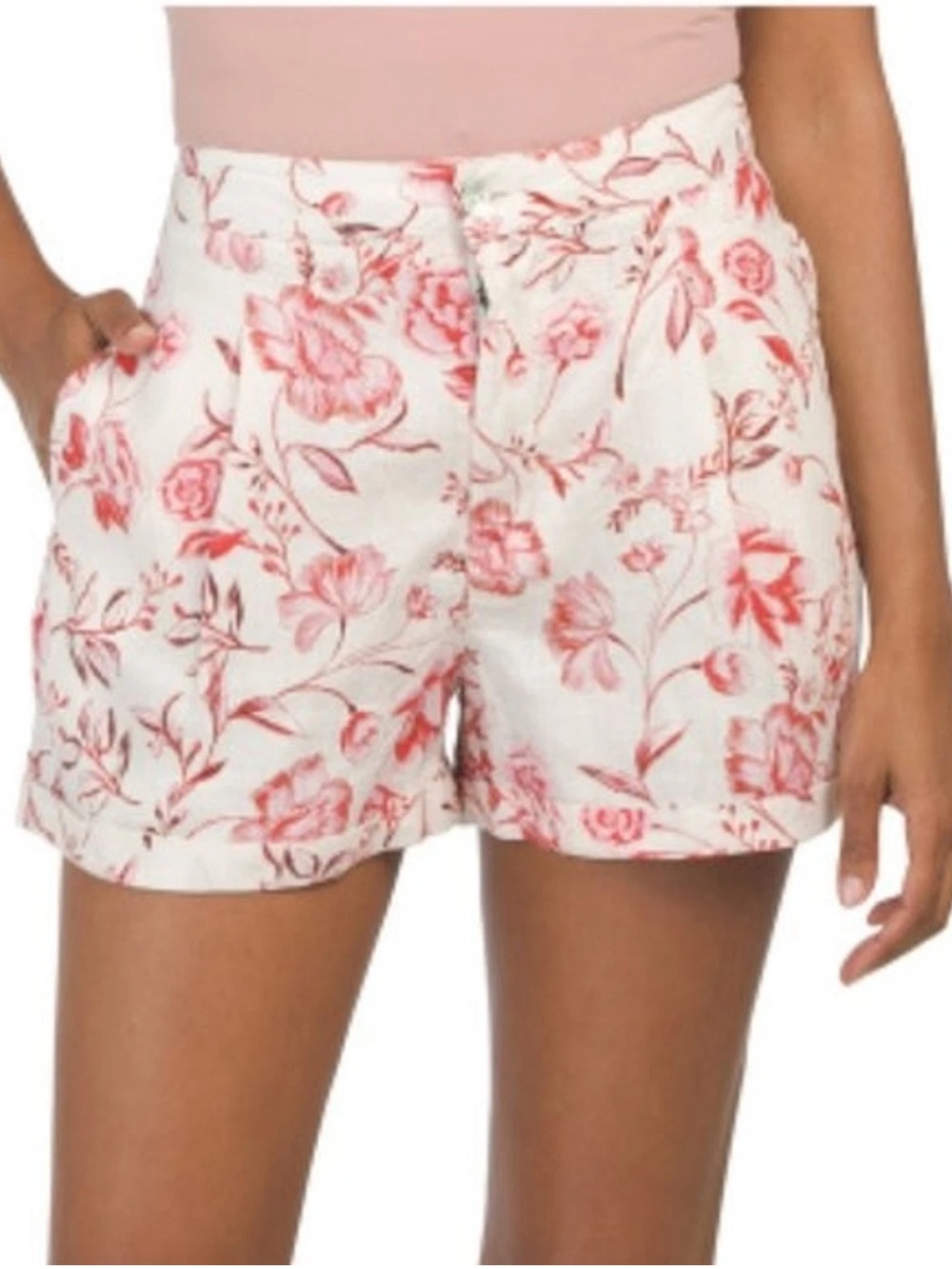 Cynthia Rowley White Floral Pleated Shorts with Pink Print